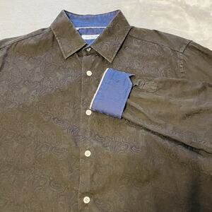 Duchamp London Shirt Mens L/16.5/42 Black Paisley Blue Flip Cuff Tailored Fit